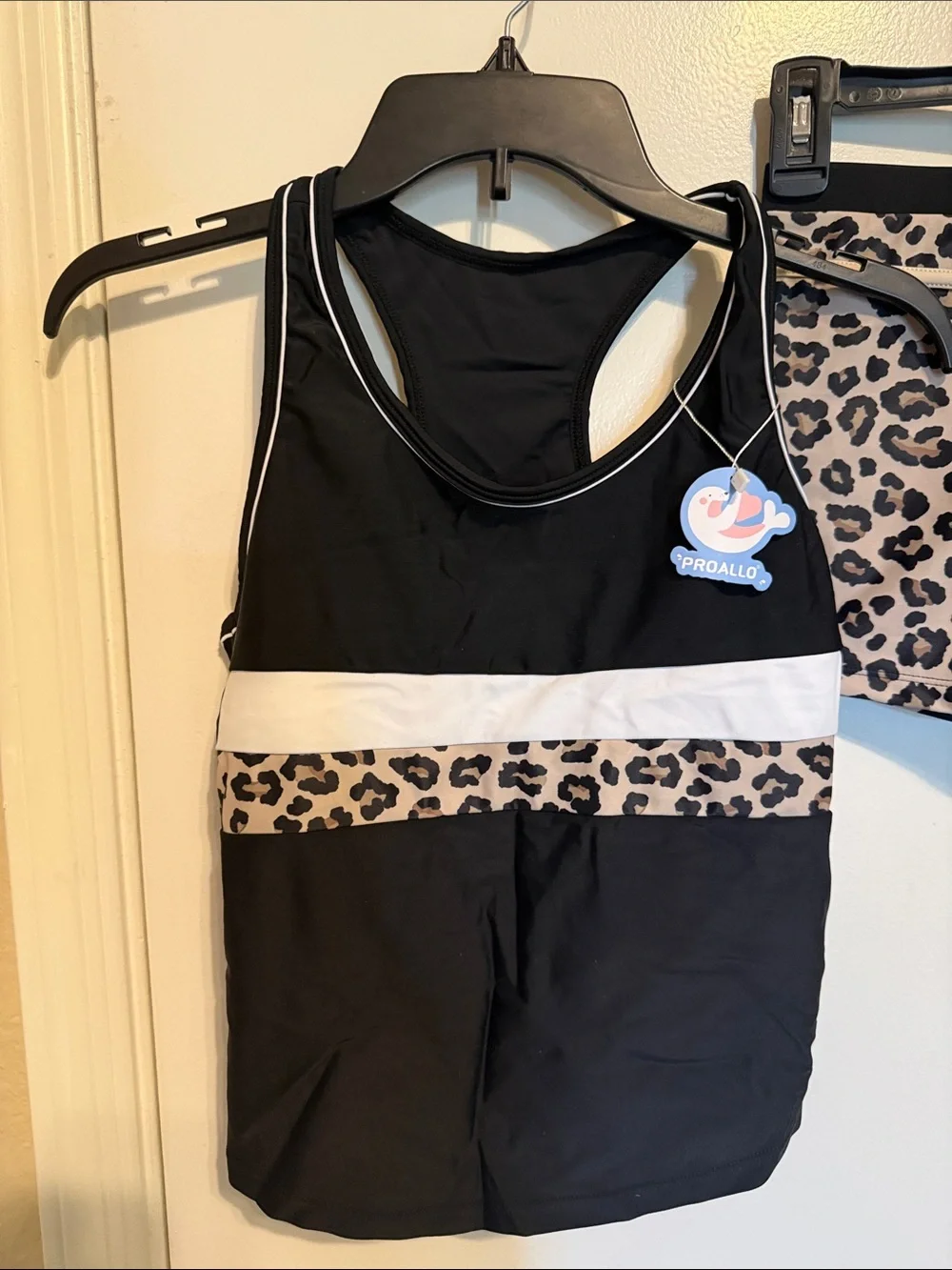 Girls' Black Tankini Swim Top with Leopard Trim and Matching Swim Shorts